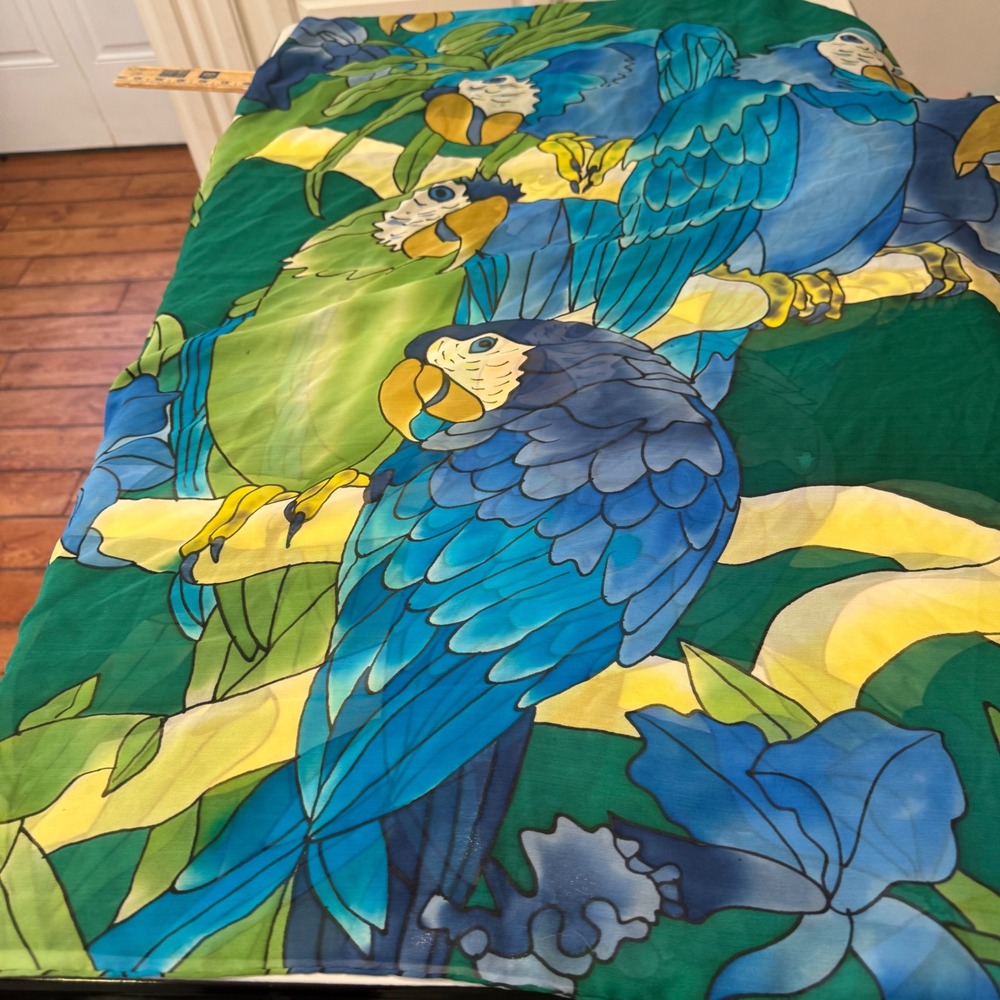 Caribbean Club Silk Scarf Women OS Green Blue Tropical Macaw Parrot Hand Painted